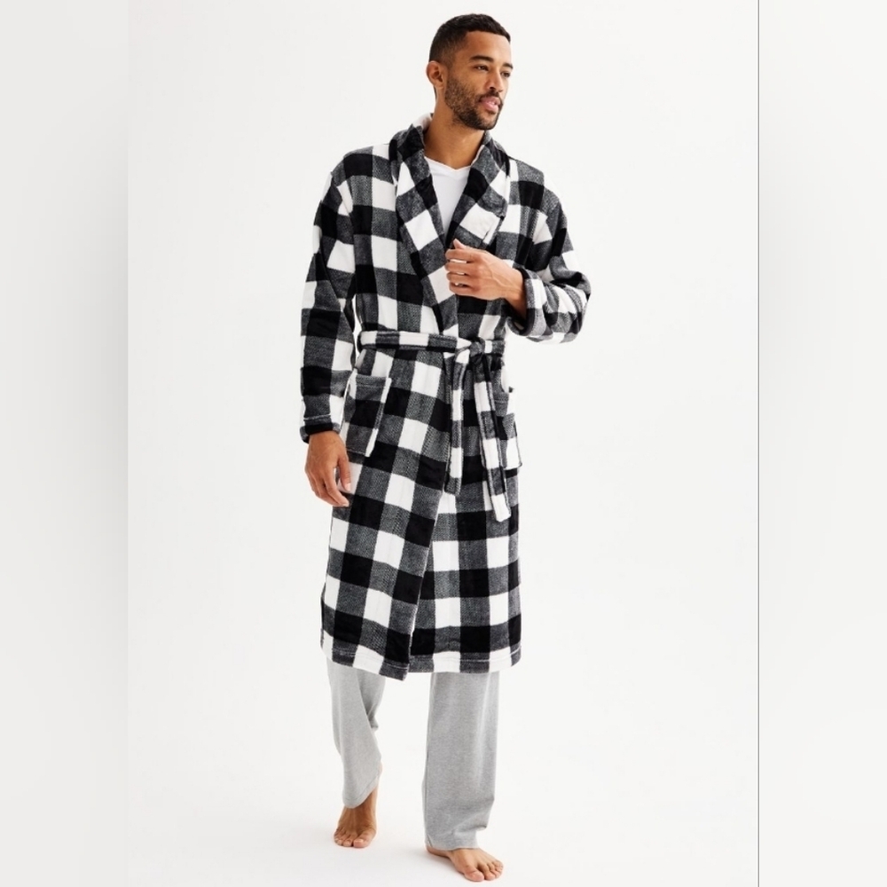 Somoma Robe Buffalo Plaid Black White Fleece Pockets Self Belt Mens Size S/M NEW